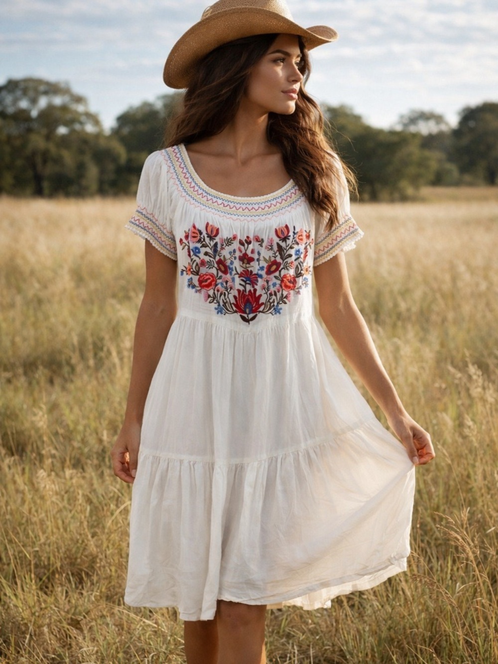 Forever 21 White Dress with Red & Multicolor Floral Embroidery